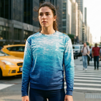 Woman in a blue athletic outfit standing on a city street with taxis and pedestrians in the background.