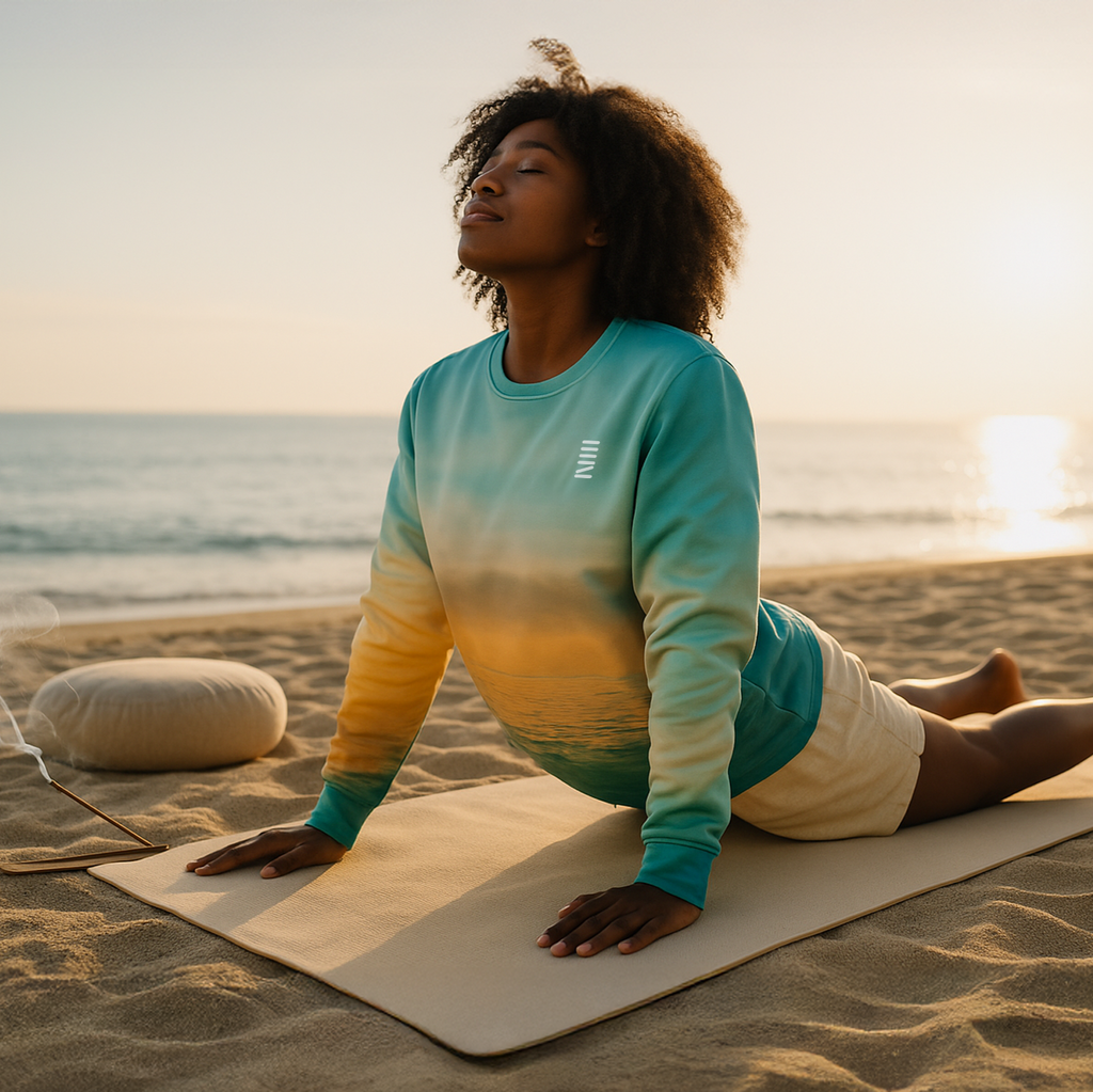 Person practicing yoga on a beach at sunset with a draped curtain.