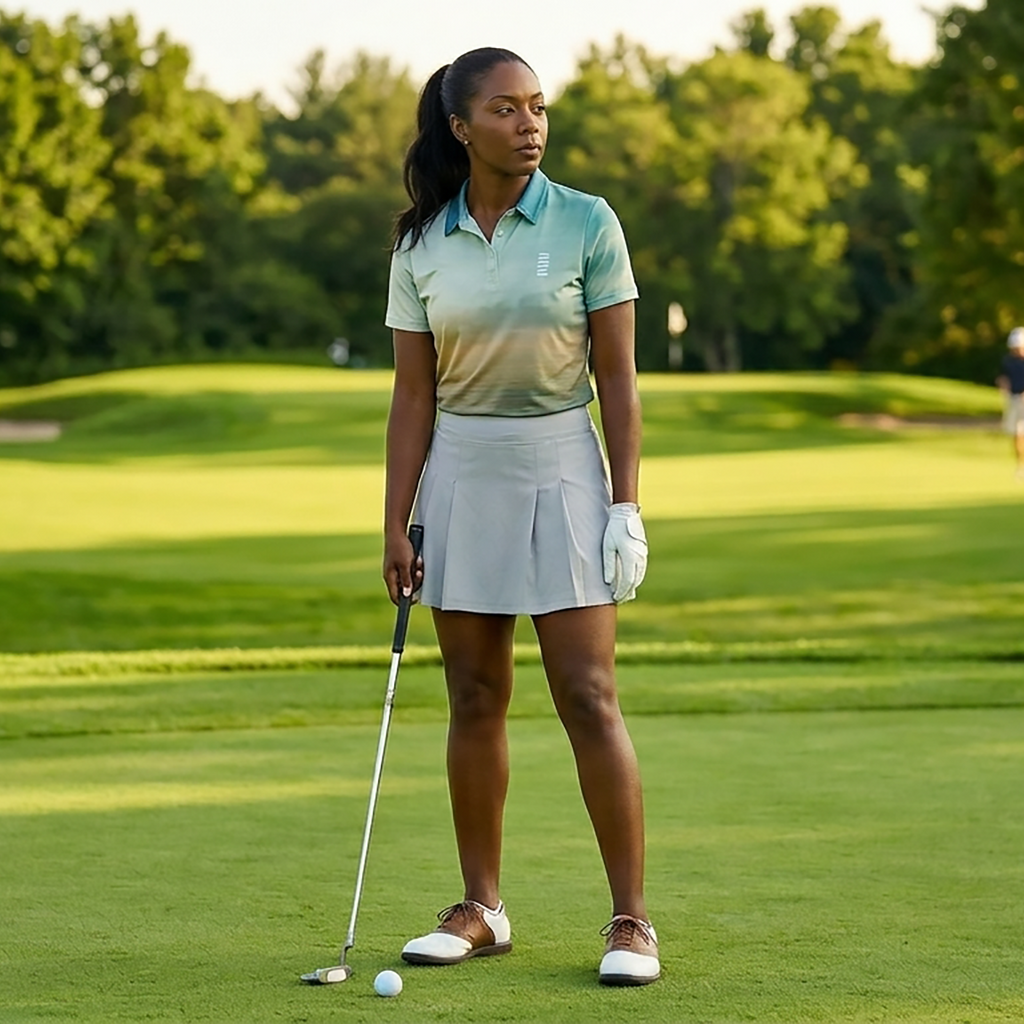 Woman playing golf on a green course with trees in the background