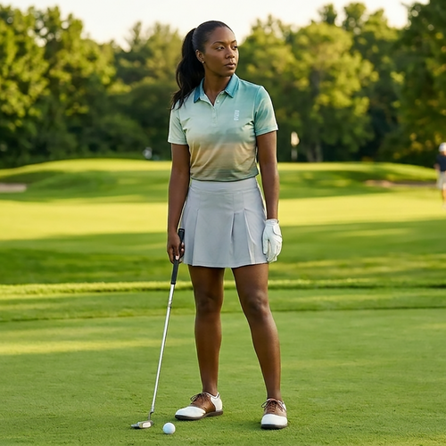 Woman playing golf on a green course with trees in the background