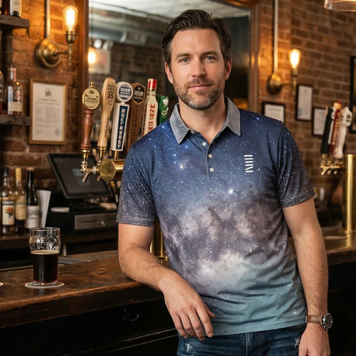Man standing in a bar wearing a blue polo shirt with a starry pattern.