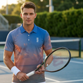 Man holding a tennis racket on a tennis court with a blurred background