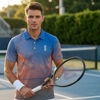 Man holding a tennis racket on a tennis court with a blurred background