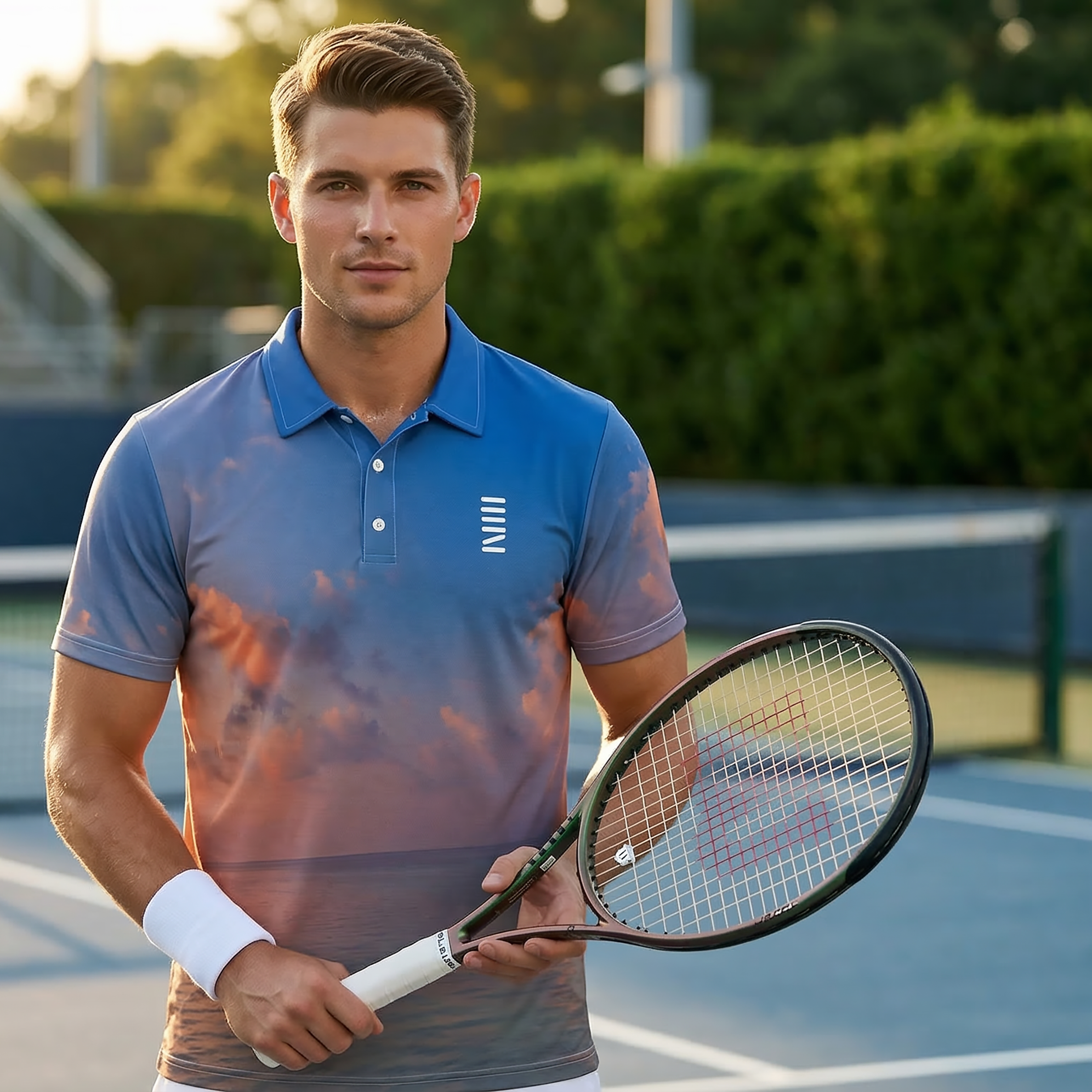 Man holding a tennis racket on a tennis court with a blurred background