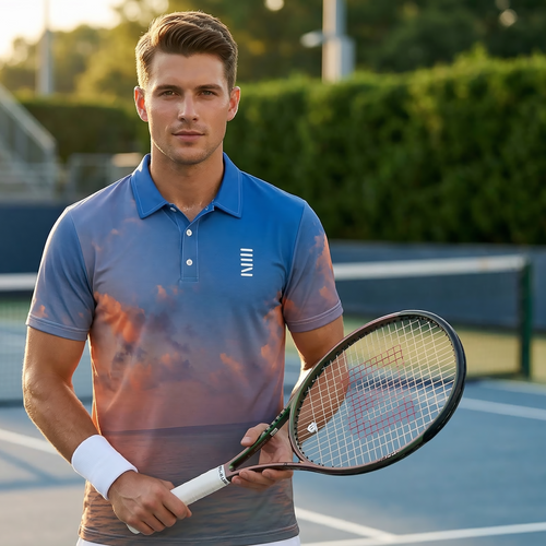 Man holding a tennis racket on a tennis court with a blurred background