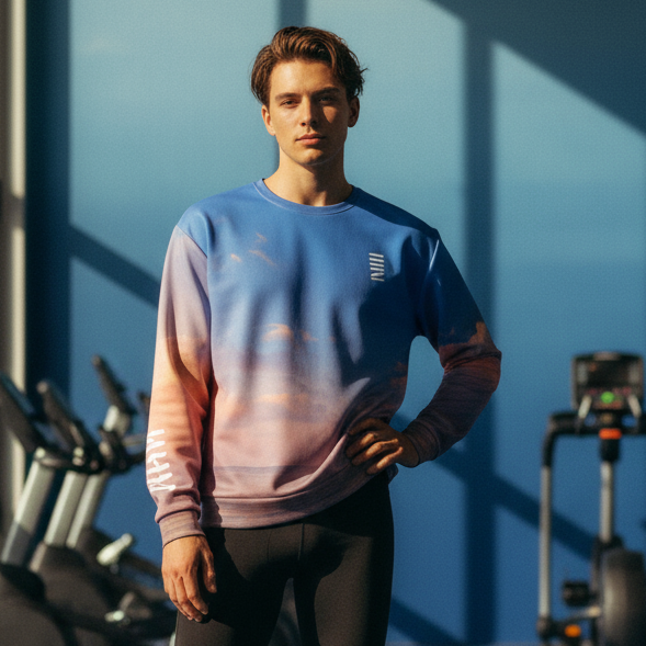 Person wearing a gradient sweatshirt and black leggings in a gym setting