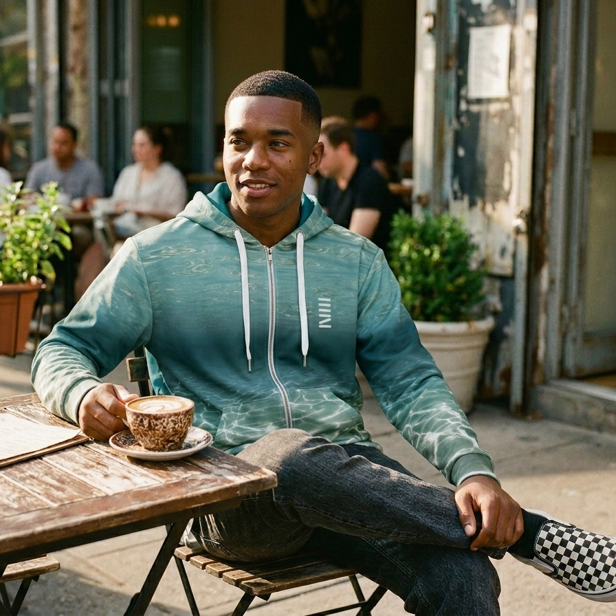 Man sitting at an outdoor cafe table with a cup of coffee