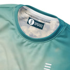 Ezgoin, recycled performance knit, neck detail, and messaging.