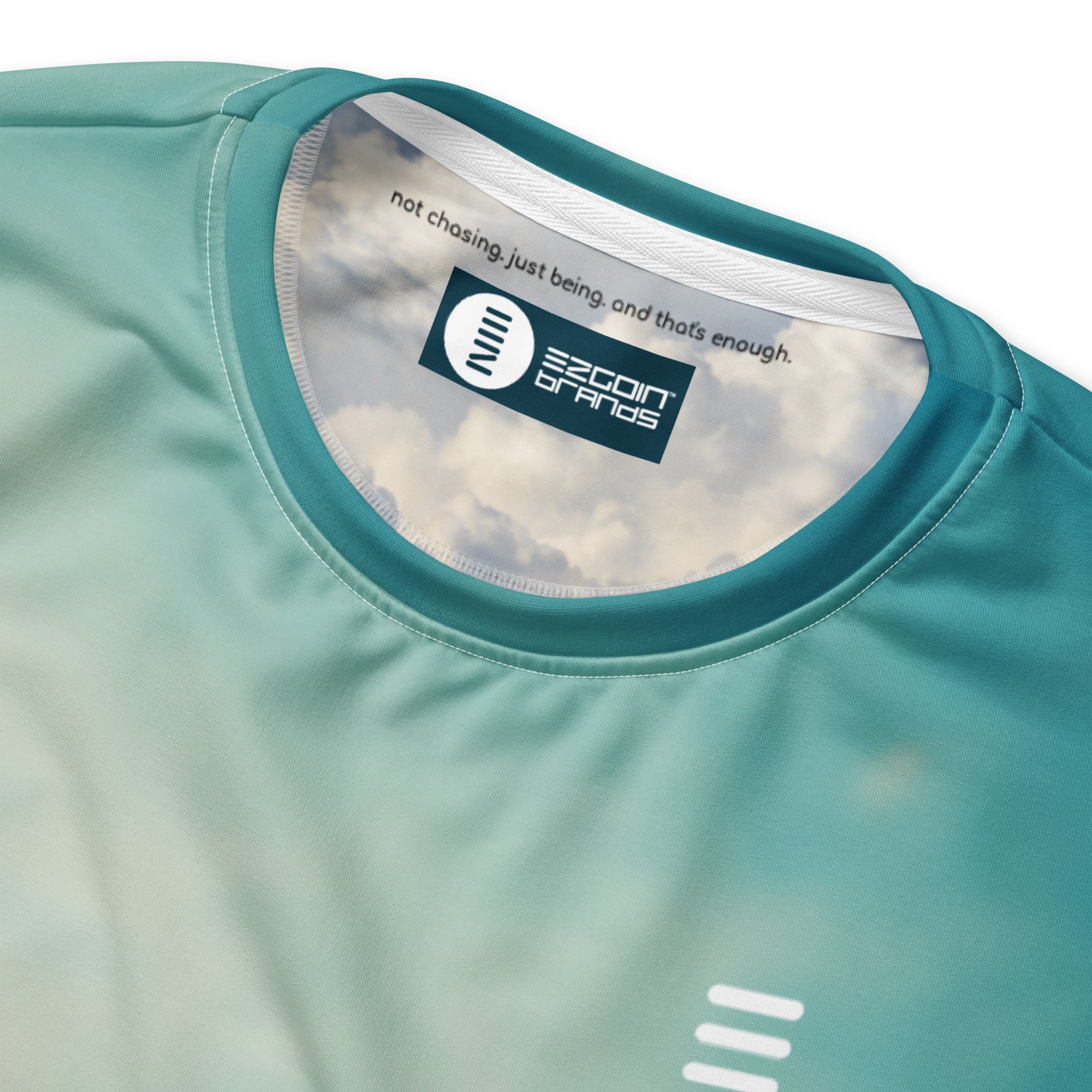 Ezgoin, recycled performance knit, neck detail, and messaging.