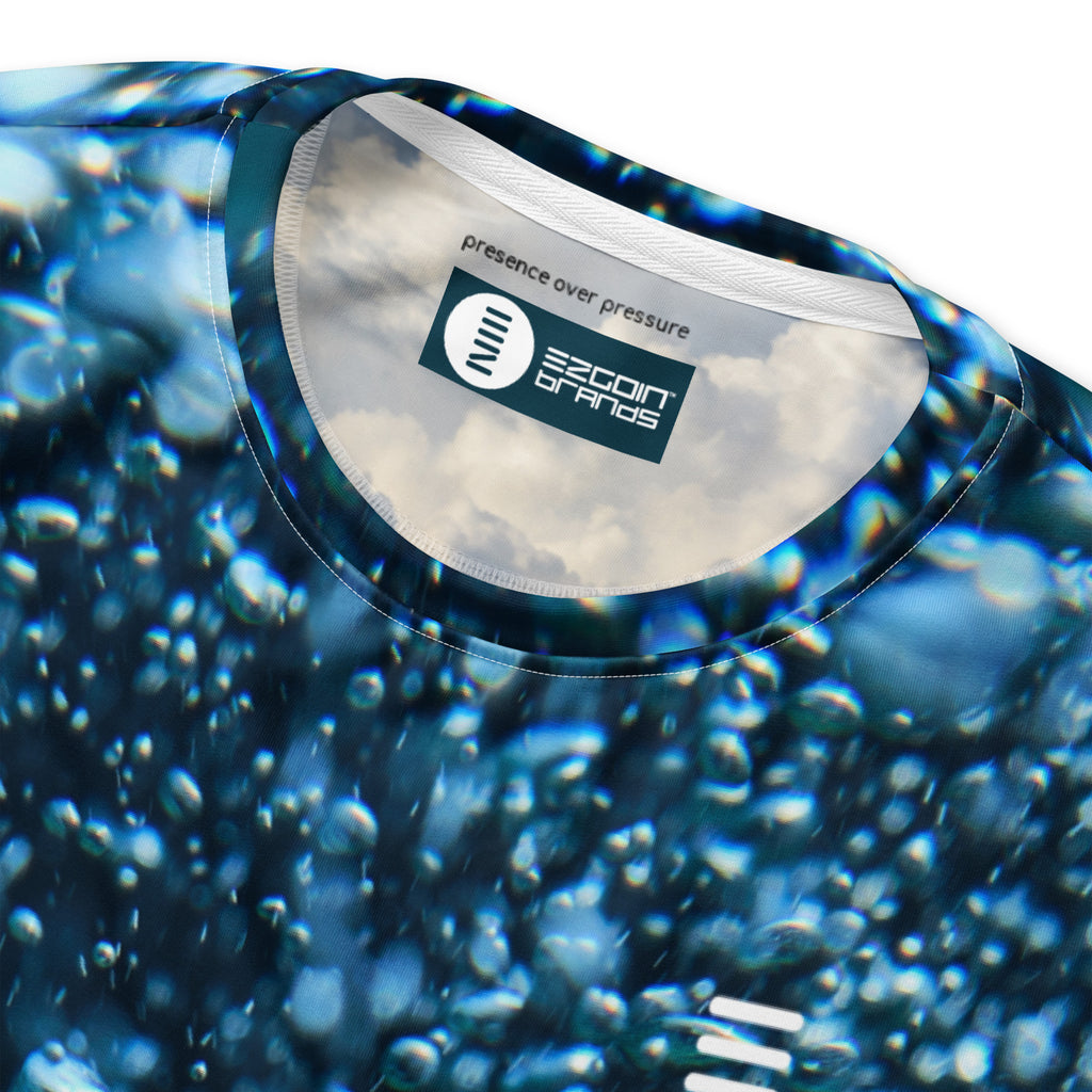 Ezgoin, recycled performance knit, neck detail, and messaging