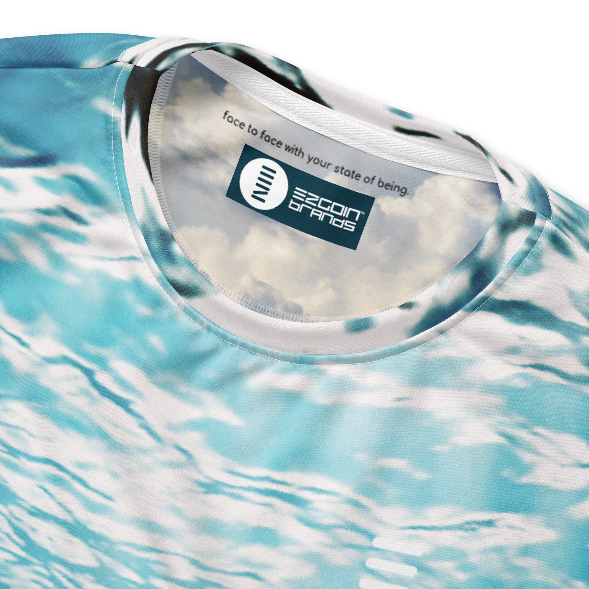 Ezgoin, recycled performance knit, neck detail, and messaging