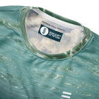 Ezgoin, recycled performance knit, neck detail, and messaging