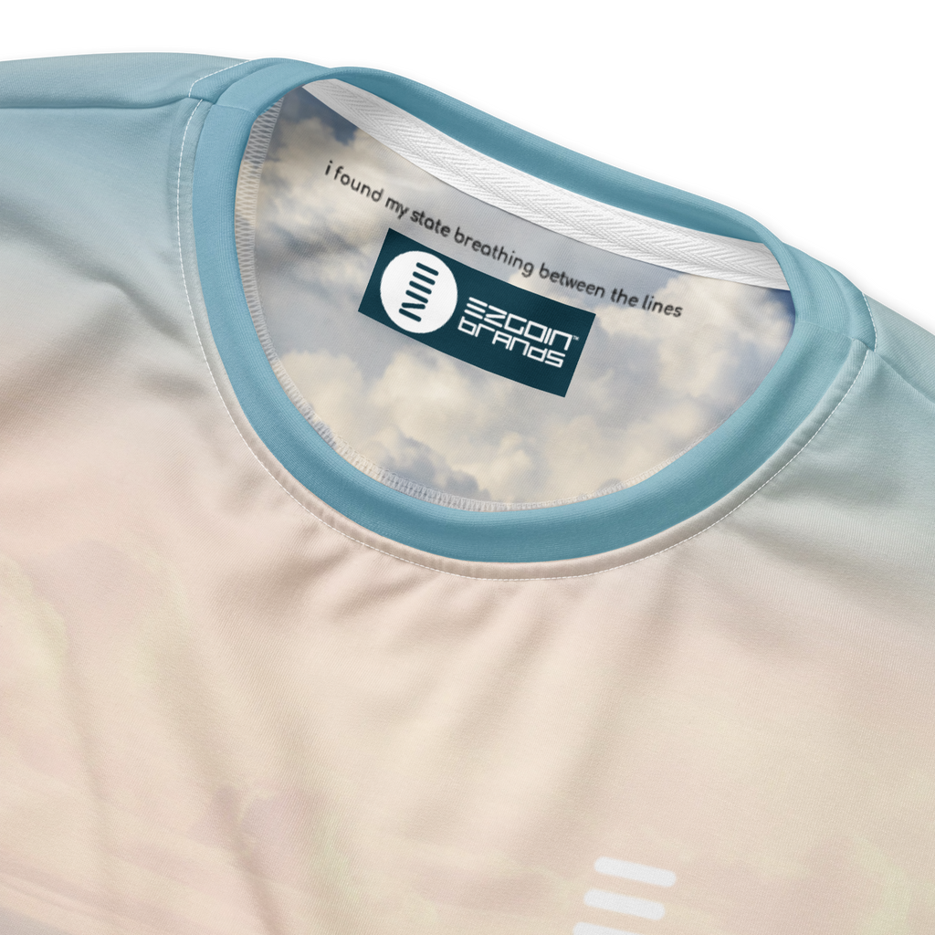 Ezgoin, recycled performance knit, neck detail, and messaging