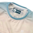 Ezgoin, recycled performance knit, neck detail, and messaging