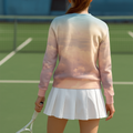 Woman in an Ezgoin pink sweater and white skirt holding a tennis racket on a tennis court.
