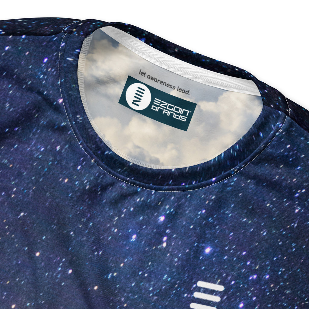 Ezgoin, recycled performance knit, neck detail, and messaging